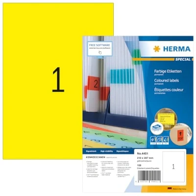 Abbildung von HERMA 4401 Farbige Etiketten gelb, 100 Blatt, 210 x 297 mm, 1 pro A4 Bogen, Stück, selbstklebend, bedruckbar, matt, blanko Papier Farbetiketten Aufkleber