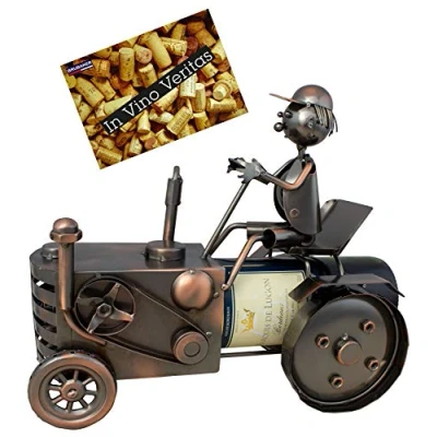 Abbildung von BRUBAKER Weinflaschenhalter Traktor mit Traktorfahrer, (inklusive Grußkarte), Metall Skulptur, Wein Geschenk, Bauer Landwirt Flaschenhalter