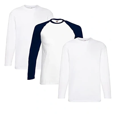 Abbildung von Fruit of the Loom Valueweight Langarm T Shirt für Herren, 2 x Weiß + 1 Base Whitenavy Hlkauf Notizblock, XL