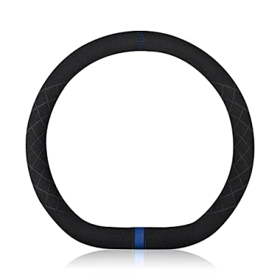 Abbildung von Ergocar D Form Auto Lenkradbezug Rutschfester Sport Lenkradschutz Mikrofaser Wildleder Winter Warm für Lenkrad Durchmesser 38cm (15 &quot;) (Schwarz Blau)
