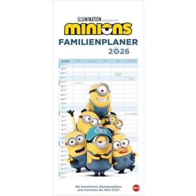 Abbildung von Minions Familienplaner 2026: Familienkalender mit 5 Spalten. Wandkalender Schulferien und Stundenplänen. (Familienplaner Heye)