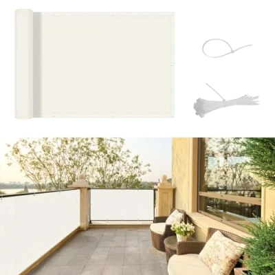 Abbildung von SUNNY GUARD Balkon Sichtschutz 90x800cm Balkonverkleidung Balkonabdeckung Balkonumspannungen UV Schutz Wind und wetterfest mit Kabelbinder,Creme