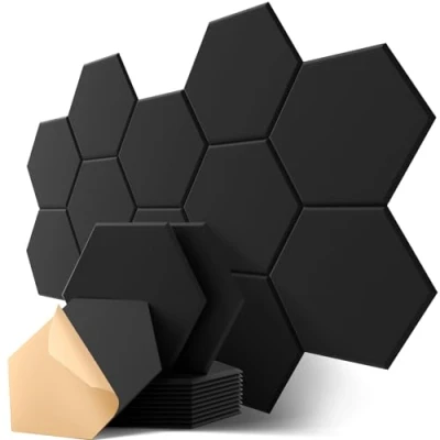 Abbildung von Hexagon Akustikplatten Selbstklebend, 12 Stück Hohe Dichte Schallabsorber für Decken /Tür /Wanddekoration und Akustische Behandlung, Studio/home/Gaming Deko (30x26x0.9cm)