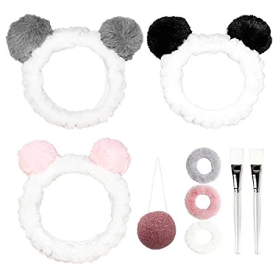 Abbildung von Haarband 3 Stück Stirnband Kosmetik Haarbänder Stirnbänder mit Ohr für Frauen und Mädchen, Plüsch Elastische Haarschmuck Gesicht Waschen, Make up, Dusche oder Spa Maske (Panda)