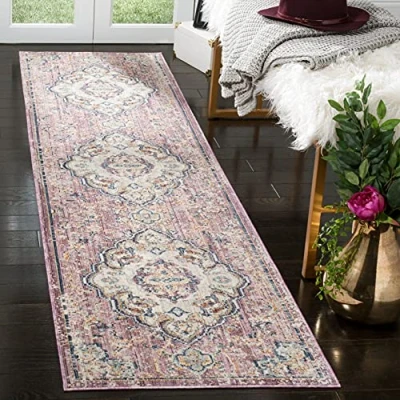 Abbildung von SAFAVIEH Traditionell Teppich für Wohnzimmer, Esszimmer, Schlafzimmer Illusion Collection, Kurzer Flor, Creme und Rose, 69 X 244 cm