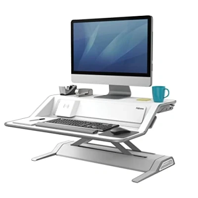 Abbildung von Fellowes höhenverstellbarer Sitz Steh Schreibtischaufsatz Lotus DX, stufenlos höhenverstellbar mit SmoothLift, zwei Plattformen, Qi Ladepad und USB Ports, antibakterieller Microban Schutz, weiß