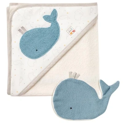 Abbildung von Fehn Baby Wal Badetuch &amp; Waschhandschuh Bade Set Kapuzenhandtuch mit süßem für Babys und Kleinkinder ab 0+ Monaten Kinder Poncho Bio Baumwolle
