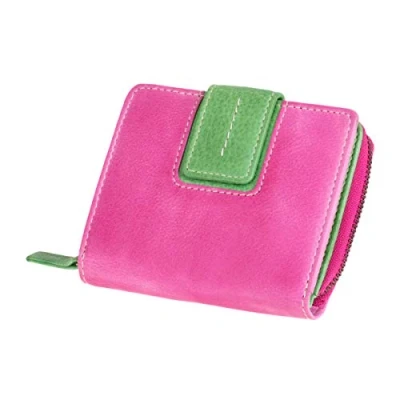 Abbildung von MIKA 42184 Damengeldbörse aus Echt Leder, Portemonnaie im Hochformat, Geldbeutel mit 9 Kartenfächer, 2 Einschubfächer, Scheinfächer und Münzfächer, Brieftasche in pink/grün, ca. x 10,5 3 cm
