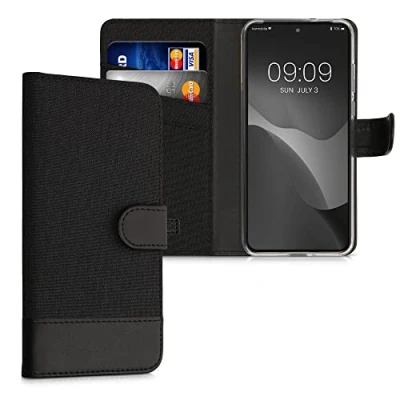 Abbildung von kwmobile Wallet Case kompatibel mit Motorola Edge 30 Neo Hülle Ständer Handyhülle Kartenfächer Anthrazit Schwarz