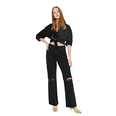 Abbildung von Trendyol Damen Ripped Detailed High Waist Wide Leg Jeans, Schwarz, 34 EU
