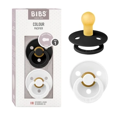 Abbildung von BIBS Colour Schnuller 2er Pack, BPA frei, Kirschform Nippel. Naturkautschuk/Latex, Hergestellt in Dänemark. Größe 1 0+ Monate 2 Black/White