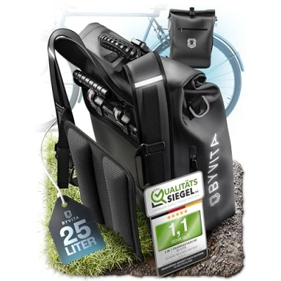 Abbildung von BYVITA 3in1 Fahrradtasche Rucksack Geeignet als Gepäckträgertasche, Fahrradrucksack und Umhängetasche Wasserdicht &amp; Reflektierend 25L aus klimafreundlichem Gewebe Schwarz inkl. Laptoptasche