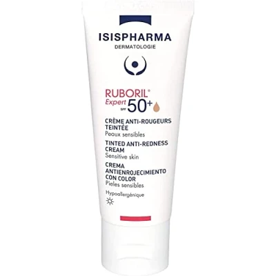 Abbildung von Isispharma Ruboril Expert SPF 50+ Getönte Creme gegen Rötungen Universalfarbe Beruhigt und schützt die Haut vor UV Strahlen Dermatologisch getestet in unseren Labors Frankreich hergestellt.