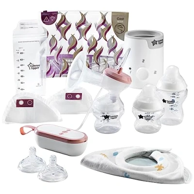 Abbildung von Tommee Tippee Komplettes Stillset, einzelne elektrische Milchpumpe, Lebensmittel und Flaschenwärmer, Babyflaschen, Stilleinlagen Milchaufbewahrungstaschen