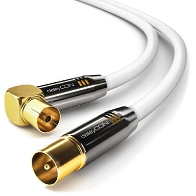 Abbildung von DeleyCON 2m Antennenkabel HDTV Full HD 1x Gewinkelt Koaxialkabel TV Stecker (Gerade) zu Buchse (90 Grad) Metallstecker Weiß