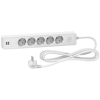 Abbildung von Schneider Electric ST945U3W Mehrfachsteckdose, 5 Steckdosen mit 2 USB, Kabel 3 m, Weiß
