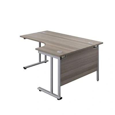 Abbildung von office hippo Robuster Büroschreibtisch, rechter Ecktisch, robust, verlässlich, mit Kabelführung und Doppelstützen, PC Tisch für Büro oder Zuhause, Alaskische Graue Eichenplatte/Silberfarbenes Gestell