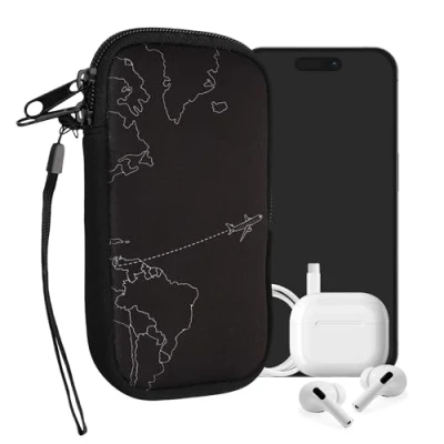 Abbildung von kwmobile Handytasche für Smartphones M 5,5&quot; Neopren Handy Tasche Hülle Cover Case Schutzhülle Travel Flugzeug Weiß Schwarz 15,2 x 8,3 cm Innenmaße