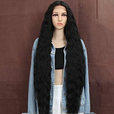 Abbildung von Style Icon Lace Front Perücken 100cm lang gewellt Synthetische für Frauen Low Medium Part Hitzebeständige Fasern (1B)