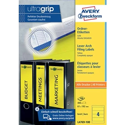 Abbildung von AVERY Zweckform L4769 20 Ordnerrücken Etiketten (80 Rückenschilder mit ultragrip, 61x192mm auf A4, breit/kurz, selbstklebend, absolut blickdicht, bedruckbare Ordneretiketten) Blatt, gelb