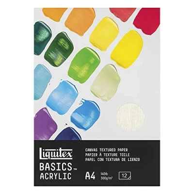 Abbildung von Liquitex 4602004 Basics Acrylpapier Malblock für Acrylfarben, 12 Blatt weiß, 300 g/m² schweres Malpapier Acrylmalerei, 100% säurefrei mit Leinwandprägung A4