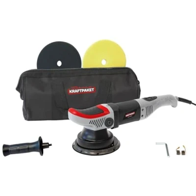 Abbildung von Dino KRAFTPAKET 640247 8mm 710W Exzenter Poliermaschine mit ZWANGSROTATION Stufenlos im Set 125mmPolierschwamm 125mm Polierteller Tasche für Auto KFZ Boot, Grau