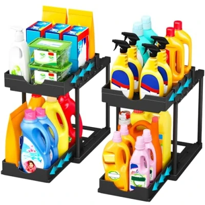 Abbildung von TidyTrove Spülschrank Organizer 2 Stück Unter Waschbecken Regal mit 4 Haken,Küchen Organizer,Badezimmer Organizer,Schwarz