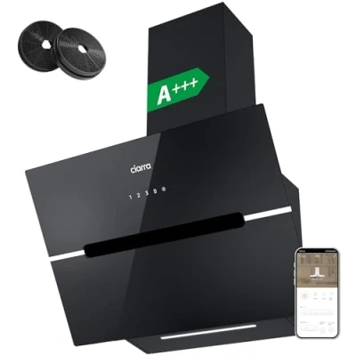 Abbildung von CIARRA CBCB6736F A+++ Dunstabzugshaube 60cm Umluft Kopffreie Schräghaube 650m3/h Wi Fi App Touch Bedienung Booster Abluft Dunstabzug LED Beleuchtung mit CBCF003 Kohlefilter Schwarz