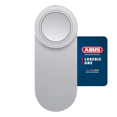 Abbildung von ABUS Türschlossantrieb LOXERIS One smartes Öffnen und Schließen der Eingangstür per App elektronisches Türschloss mit Zugangskontrolle batteriebetriebenes Smart Lock ohne Kabelziehen Silber
