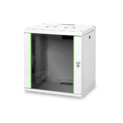 Abbildung von DIGITUS Netzwerk Schrank 19 zoll 12 HE Wandmontage 600 mm Tiefe Traglast 100 kg Unique Serie Glastür Grau
