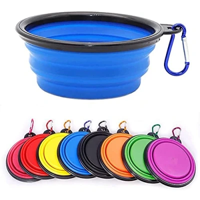 Abbildung von zusammenklappbarer Hundenapf, Wassernapf für Katzen, Hunde, tragbarer Futternapf mit Karabiner, Größe S (350 ml), Blau