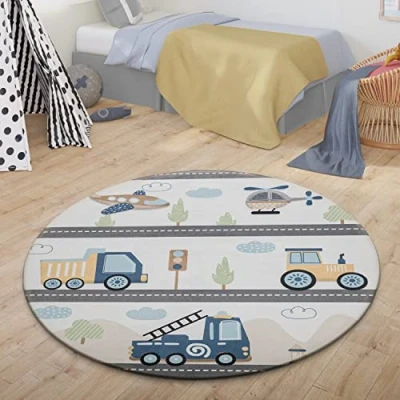 Abbildung von TT Home Teppich Kinder Kinderzimmer Kinderteppich Babymatte Straße Auto Wolke Berg, Farbe: Grau Weiß Gelb, Größe:120 cm Rund