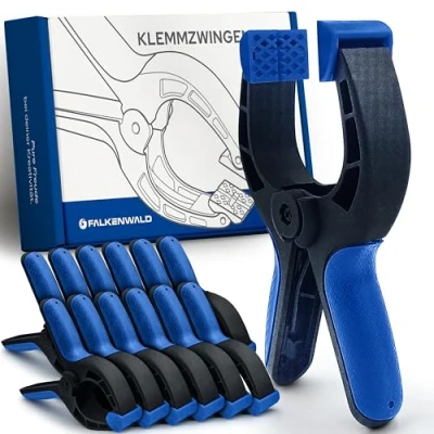 Abbildung von Falkenwald® Klemmzwingen 12er Set für Leimen, Pool, Fotografie mit großer Spannweite Klemmzwinge hoher Spannkraft Leimzwingen Federklemmen Klammern Klemme