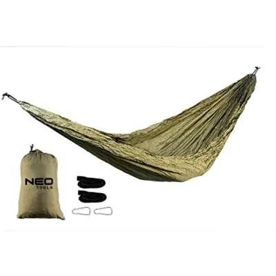 Abbildung von NEO TOOLS Hängematte Größe 330 x 140 cm, Tragfähigkeit 200 kg, Material 210T Nylon, inklusive Hängematte, Gurte für Hängematten 2 STK., Karabiner STK. Tragetasche, grüne Farbe
