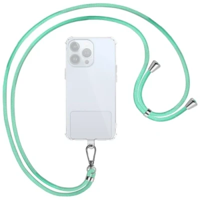Abbildung von mtb more energy® Universal Handykette Clear Fresh Mint Metallteile Silber transparenter Patch kompatibel mit vielen Handyhüllen Zubehör Smartphone zum Umhängen