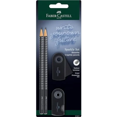 Abbildung von FABER CASTELL 218472 Bleistifte Set Sparkle, mit Spitzer, Radiergummi und 2 Bleistifte, Schreibset Sleeve in schwarz