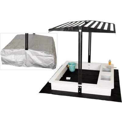 Abbildung von WONDERMAKE Sandkasten mit Abdeckung Deckel Dach, 2x Matschküche, Boden Vlies Sandkiste Holz, Design Bank quadratisch verschließbar Outdoor Garten schwarz weiß
