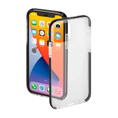 Abbildung von Hama Handyhülle für iPhone 12/12 Pro „Protector“ (durchsichtige Hülle aus TPU, stoßfester Bumper Fallschutz, wasserabweisende Schutzhülle, flexibler Handyschutz) schwarzer Rand