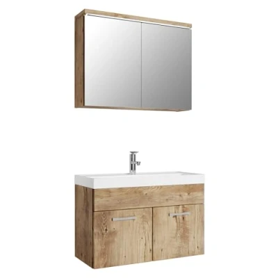 Abbildung von Badezimmer Badmöbel Set Paso 02 80cm Waschbecken Eiche Kastanie Unterschrank Schrank Spiegelschrank