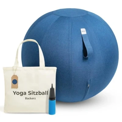 Abbildung von Backerz® Sitzball 75 cm Ergonomische Sitzmöbel für Büro und Heimbüro Langlebiger Stoff, Gymnastikball Fitness Ball, Ballstuhl mit Ballauflage Waschbarer Leinenbezug Dunkelblau