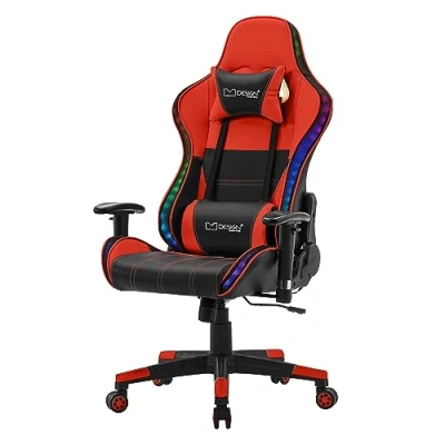 Abbildung von ML Design Gaming Stuhl mit RGB LED Beleuchtung &amp; Bluetooth Lautsprechern, Rot, Kunstleder, Ergonomischer Bürostuhl, Hohe Rückenlehne, Kopfstütze, Lendenkissen, drehbar verstellbar, Racing Gamer