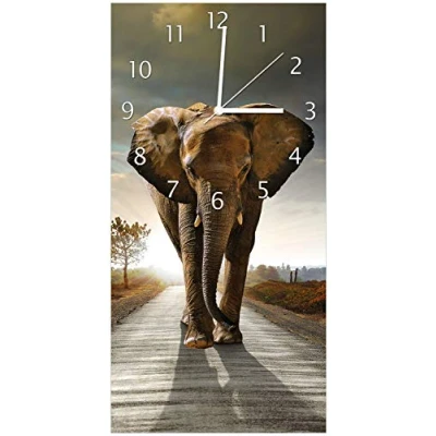 Abbildung von Wallario Design Wanduhr, Acrylglasuhr Größe 30 x 60 cm, weiße Zeiger, Motiv Elefant bei Sonnenaufgang in Afrika