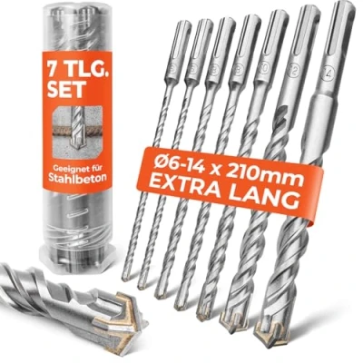 Abbildung von BAUBECK SDS Plus Bohrer Set für Beton [7tlg Ø6 14 &amp; 210mm lang] 4 Schneiden Langlebige Betonbohrer aus 40CR Stahl Präzise Ergebnisse Schlagbohrer Stein