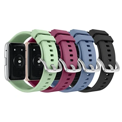 Abbildung von MoKo 4 Stück Armband Kompatibel mit Huawei Watch Fit Active/Elegant Smartwatch, Weiche Silikon Sport Ersatzarmband Uhrenarmband Edelstahlschnalle, Grün/Weinrot/Blaugrau/Schwarz