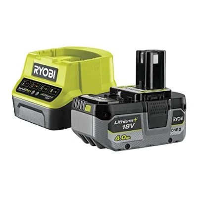 Abbildung von RYOBI 18 V Akku Starter Set RC18120 140XG (1x 4,0 Ah Lithium+ Akku, Schnellladegerät mit 2,0A Ladestrom, Lithium+Akkutechnologie setzt Maßstäbe für Laufzeit, Leistung und Lebensdauer, IntelliCell(tm))