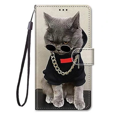 Abbildung von Nodigo für Samsung Galaxy A21s Leder Hülle Magnetisch Kickstand mit Kartenfach 360 Grad Tier Muster Motiv Lustig Design Silikon Hüllen Handyhülle Wallet Tasche Case Mädchen Damen Katze