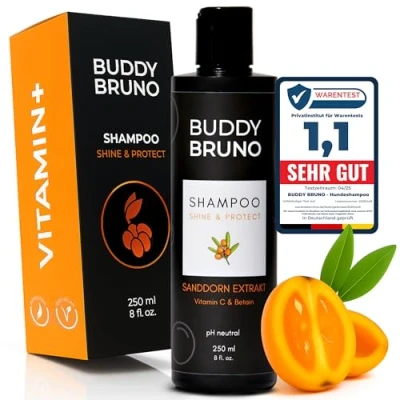 Abbildung von BUDDY BRUNO® Hundeshampoo sensitiv Vitamin+ natürliche Fellpflege mit Sanddorn Extrakt vegan regeneriert Haut &amp; Fell gegen Gerüche Juckreiz, dermatologisch getestet 250 ml