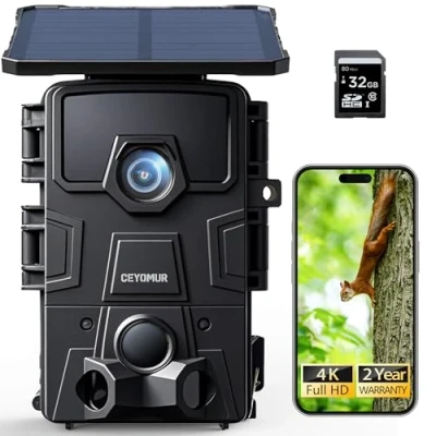 Abbildung von CEYOMUR Solar Wildkamera 4K 30fps, 46MP WLAN Bluetooth, 120 Erfassungs Winkel Bewegungsmelder Nachtsicht IP66 Wasserdicht für Wildtier Überwachung mit U3 32GB Micro SD Karte