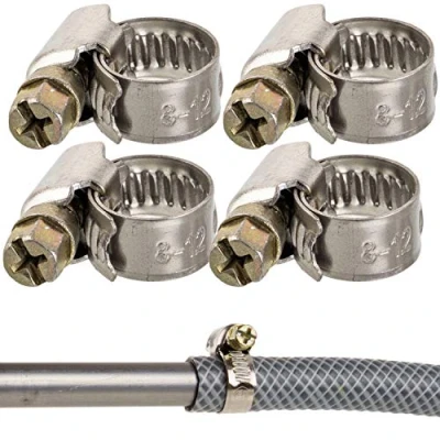 Abbildung von Schlauchschellen mit Schneckenantrieb, 4 Stück, Spannbereich Ø 8 12 mm, für 3/8&quot; Schläuche, W2 Edelstahl, Kreuzschlitz SW7, 9 mm Bandbreite, Fixierung von Waschmaschine, Spülmaschine Anschluss