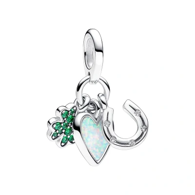 Abbildung von Pandora FOUR LEAF Clover Heart AND Horseshoe Triple Dangle Charm, Damen, Größe: One Size, Sterling silver